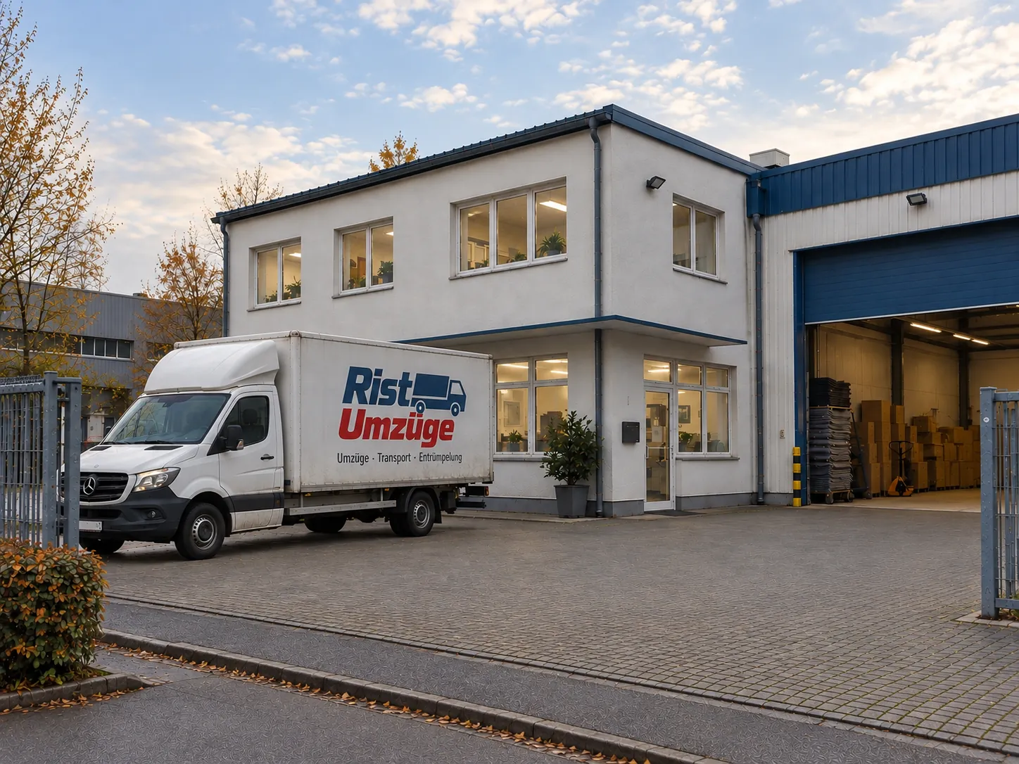 Firmensitz mit Umzugswagen und Lagerhalle